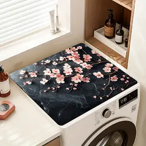 Black & White Marble-Style Washing Machine Cover with Cherry Blossom Design - Durable, Easy-Clean Mat for Washing Machines & Dryers, Perfect for Laundry Room or Kitchen Decor, Washing Machine Cover Mat, Laundry Room Accessory, Elegant Home Accessory, Clea