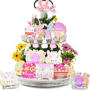 18-Piece Easter Layered Tray Decor Set, 3D Wooden Signs, Rustic Farmhouse Design Kitchen Decoration (trays Not Included)