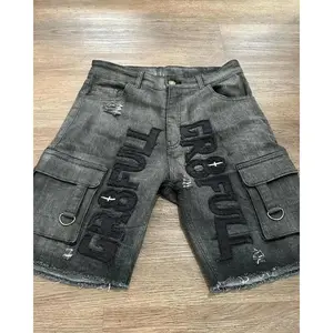 New Y2K Fashion  Oversize Embroidery Loose Denim Shorts Men Gothic Punk Hip Hop Fashion Casual Joker Couple Basketball Pants Menswear Trouser Pocket Tropical