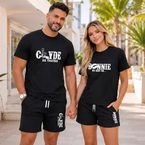 Couples’ Bold Letter Graphic T-Shirt and Shorts Set, Casual Summer Two-Piece Outfit with Drawstring Shorts for Home and Outdoor Activities