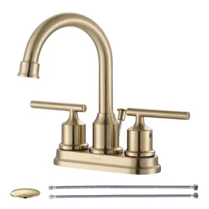 WOWOW Brushed Gold Bathroom Faucet 4 Inch Ceterset Bathroom Sink Faucet 3 Hole Vanity Faucet 2 Handle Basin Faucet with Drain Tall Mixer Tap Modern