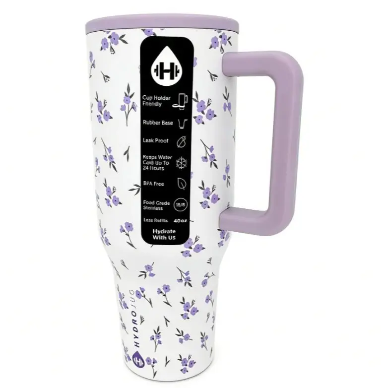 HydroJug 40oz Purple Small Flower Insulated Stainless Steel Tumbler - Insulated Cup, Mug with Handle, Portable, 24-Hour Cold Retention, Leak-Proof, BPA-Free, Cup Holder-Fit for Car, Office, Iced Coffee