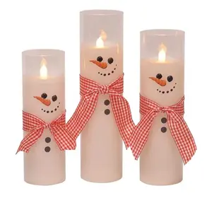 Skinny Winter Snowmen Wax Filled Flameless LED Glass Pillar Candles, Set of 3, White Holiday Home Decor Light Ornaments