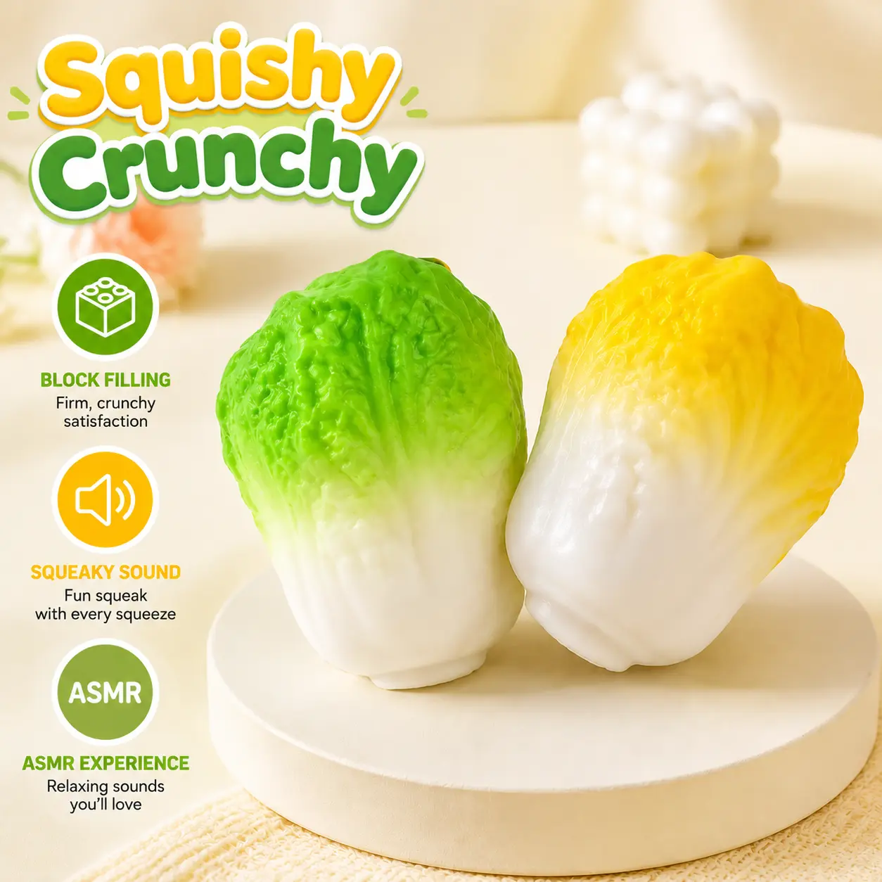 Mini Cabbage Crunch ASMR Squishy Toy, Vegetable Shape Sensory Stress Relief Fidget Toy, Green & Yellow Desk Decor Gift,back to school,back to school haul