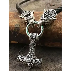 Vintage Hammer & Wolf Charm Braided Matching Necklace for Men, Trendy Punk Grunge Jewelry, Gothic Mystery Jewelry, Goth Accessories As Xmas Gift for Boyfriend