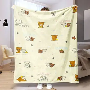 Rilakkuma Flannel Blanket, Soft Blanket, Cuddly Blanket, Cozy Throw Blanket, 100% Polyester Digital Print, Lightweight Non-Woven, All-Season Use, Cartoon Lover Gift, Home Decor