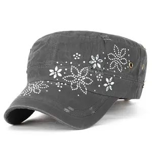 ililily Crystal Gemstone Stud Flower Vintage Cotton Military Army Hat Cadet Cap