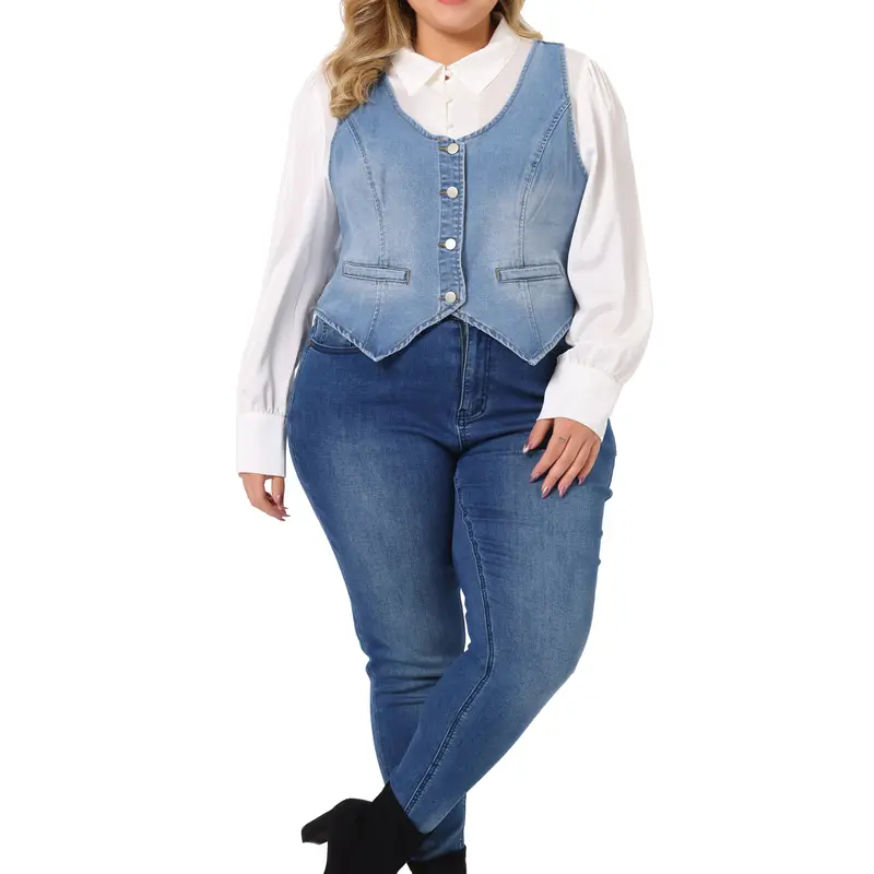 Agnes Orinda Plus Size Denim Vests Tops Button Down Jean Waistcoat Casual Sleeveless Jacket
