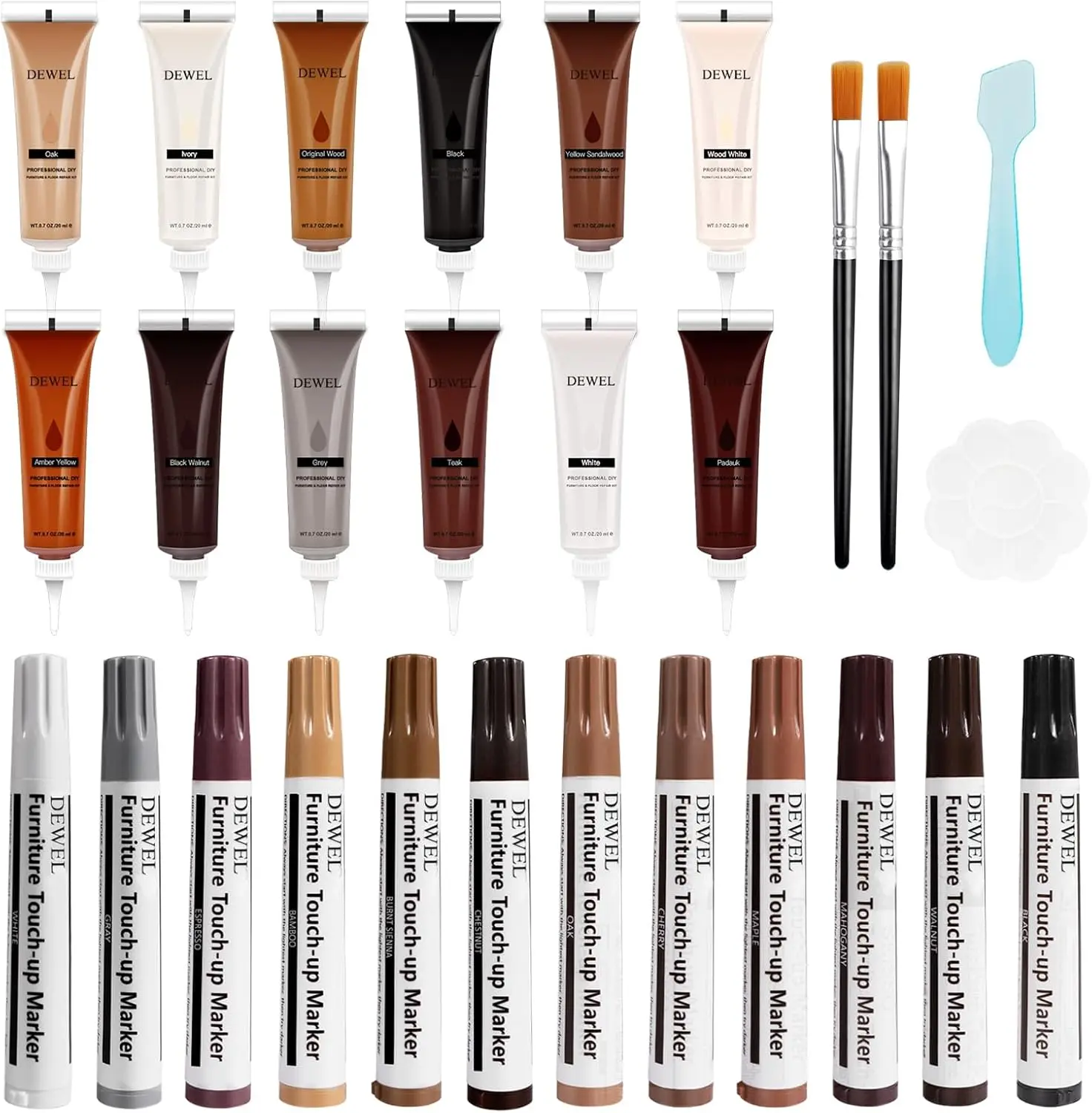 DEWEL Wood Furniture Repair Kit, Wood Floor Scratch Repair Kit with Brushes, Upgrade 12 Sets Furniture Touch Up Markers and Fillers for Stains, Scratches, Floors, Tables, Bedpost