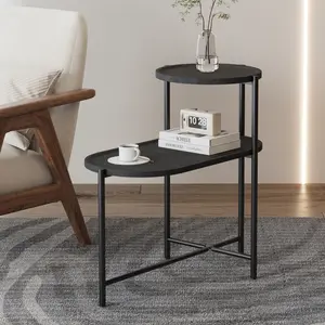 Round Coffee Table with Storage Tray 2 Tier Oval End Tables Wooden Small Side Table for Living Room (Black)    RR