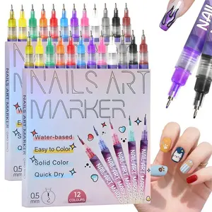 (Perfect Precision & Point)12-color 3D Nail Art Pen Set for DIY Manicures. Features a 0.5mm fine tip for precise drawing, dotting, painting, and liner brush work. Your essential tool for creative nail art and beauty adornment.