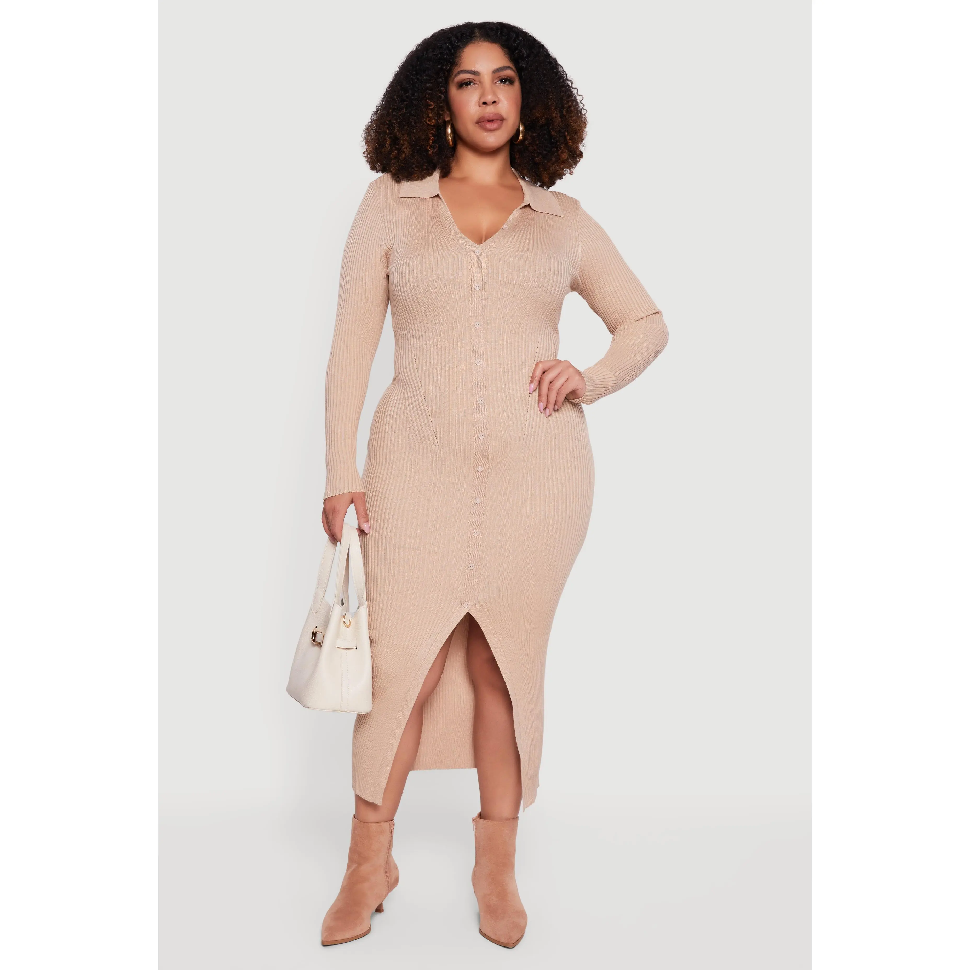 Plus Size Almost Famous Rib Knit Slit Front Sweater Dress