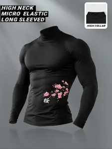 Men's High Neck Long Sleeve Slim Fit Thermal Top, Thermal Menswear, Casual Letter Pattern, Summer Wear, Moderate Fabric Thickness, H Type Silhouette