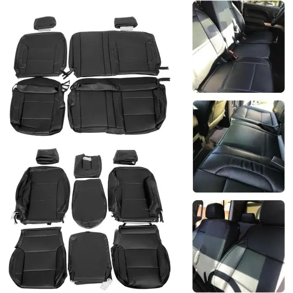 Artificial Leather Seat Cover Kit Compatible with 2014-2018 Chevy Chevrolet Silverado LT Double Cab Full Car Seat Protector Black