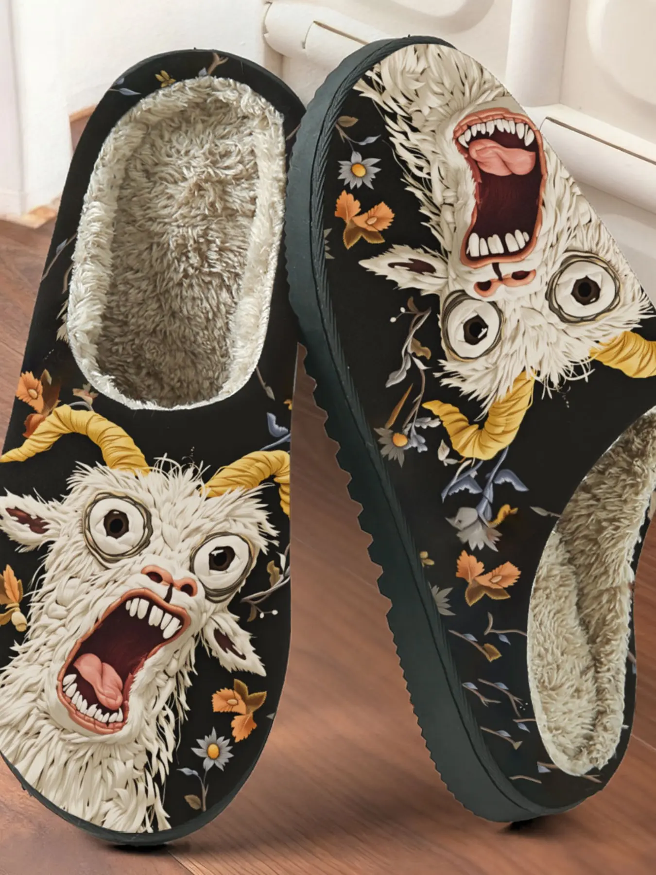 Funny Goat Print Cotton Slippers, Fun Contrast Style, Fuzzy Lined Anti-Slip Thick Sole, Home Warm Shoes for Men and Women Fall Winter