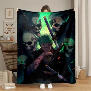 1pc One Piece Zoro Dark Skull Flannel Blanket, Soft Warm Nap Blanket for Sofa Office Bed Camping Travel, All Seasons Multi-Purpose Gift, Cozy Throw Blanket