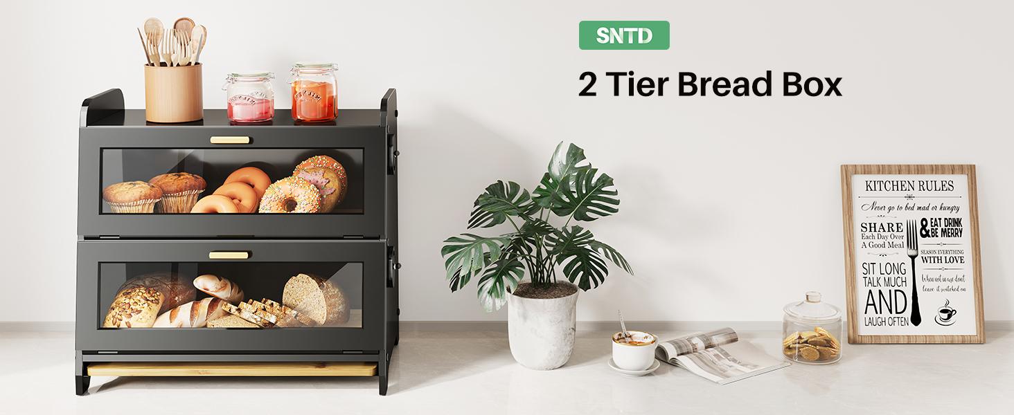 SNTD Bread Box - Kitchen Countertop Bread Storage Container with Bamboo Cutting Board, Adjustable Vent Hole Dials
