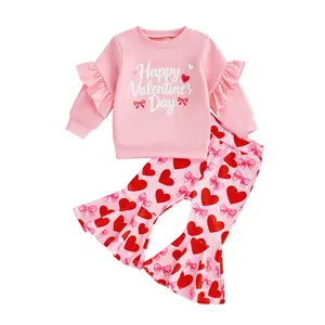 Toddler Baby Girl Valentines Outfit Ruffled Trim Print Long Sleeve Sweatshirt and Flared Pants 2 Pcs Set