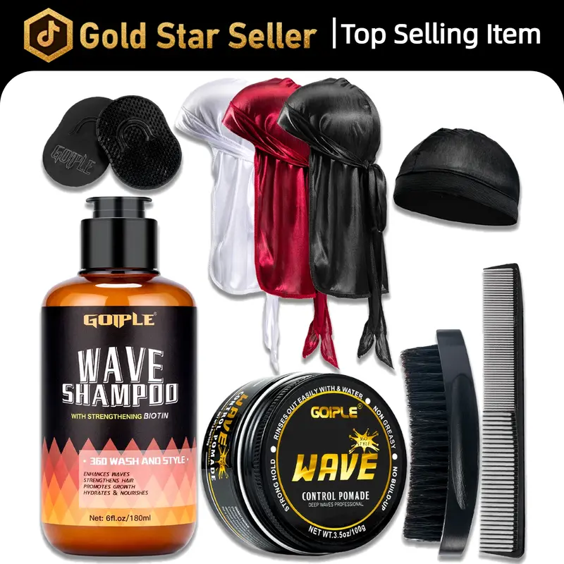Goiple 360 Wave Shampoo Wave Pomade Strong Hold 360 Training Hair Cream, Wave Butter for Men Pocket Palm Brush Curved Brush Silky Durags for Men Extra Long Tails Wave Brush Wave Cap Set