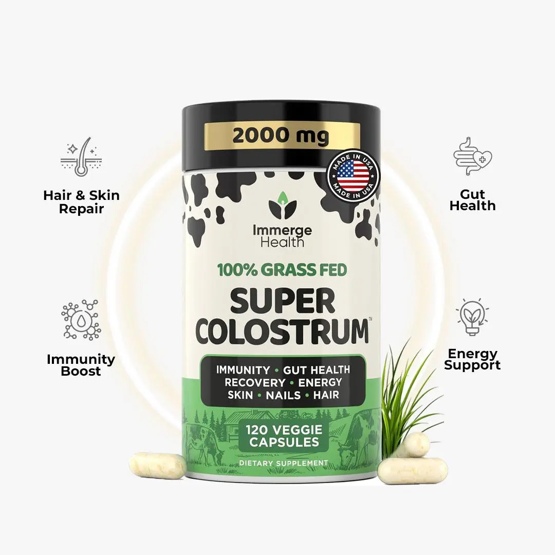 Immerge Health Super Colostrum Capsules 2000mg - 120 Veggie Capsules for Gut Health, Energy Support & Immunity Boost - 100% Grass Fed, Natural Dietary Supplement