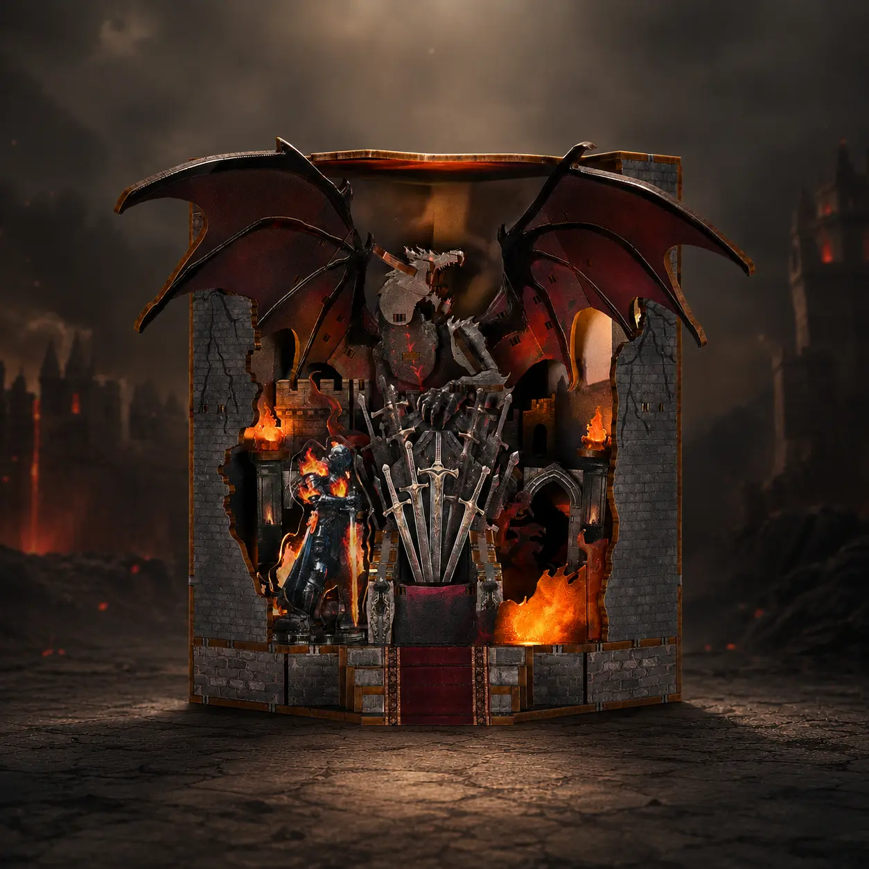 MiniCity Throne of Blades Wooden Book Nook kit， Dragon Throne Miniature House Kit with LED Light, Medieval Fantasy Castle Bookshelf Insert, 3D Wooden Puzzle Craft Gift for Adults and Teens