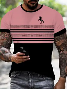 Men's Summer New Striped Print Short Sleeve T-Shirt, Luxurious Sporty Style, Multifunctional Streetwear, Casual Fashion Clothing