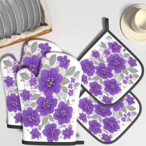 4pcs Heat Resistant Oven Mitts And Potholders Vibrant Purple Floral Oven Mitts And Pot Holders Sets Suitable For Kitchen Decoration, Cooking, Grilling, Baking And Great Holiday Camping Picnics Gifts Kitchenware