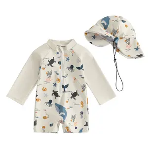 [Yomi Kids] Kids Boys Long Sleeve Swimwear Casual Marine Animal Print Zipper Rash Guard Swimsuit and Hat Beachwear Bathing Suit