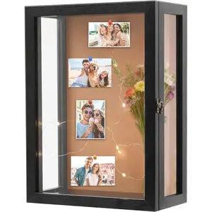 11x15 Inch Deep Shadow Box Frame Wall Mounted,Depth 5 Inch Display Case,Three-Sided  Clear  Viewing Panels,Include a Warm LED Light Strip Black
