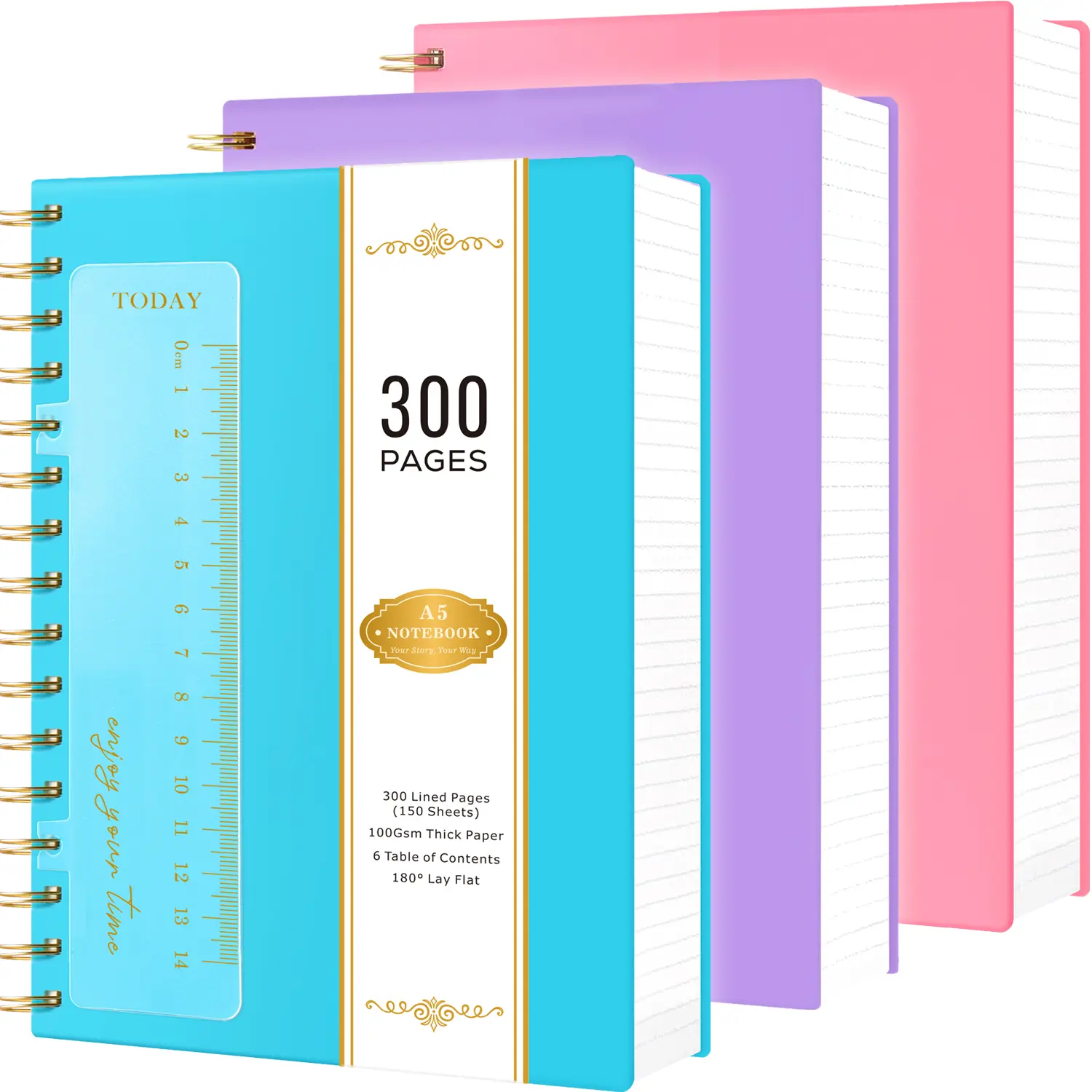 300 Pages 3 Pack A5 Spiral Notebook Journal, Hardcover College Ruled Notepad with Bookmark, 100GSM Thick Paper, PVC Waterproof Cover, 5.7 x 8.4in