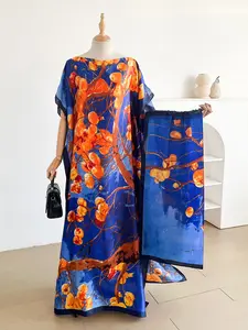 Women's Elegant Silk Plant Print Dress Set, Long Robe Shawl + Scarf, Beach Sun Protection Satin Wrap, All Seasons Fashion Elegance