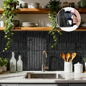 10PCS ETP Epoxy 3D Self-Adhesive Black Vertical Stripes Cement Imitation Tile Stickers, High-End Kitchen Oil-Proof Wall Decor, Waterproof & Moisture-Proof Removable Wall Paper for Bedroom, School, Office, Kitchen, Bathroom & Furniture
