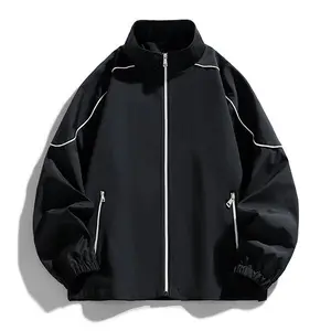 Men's Spring Autumn Winter Jacket Black - Front Zipper Design, Color Block Trim & Edgy