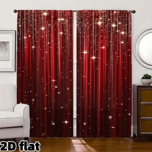 2D Flat 2Pcs Elegant Red Velvet Curtains with Sparkling Star Pattern, Semi Sunshade Rod Pocket Design, Romantic Light Blocking for Living Room Bedroom Window Treatment, Christmas Festive Decor, Privacy Protection