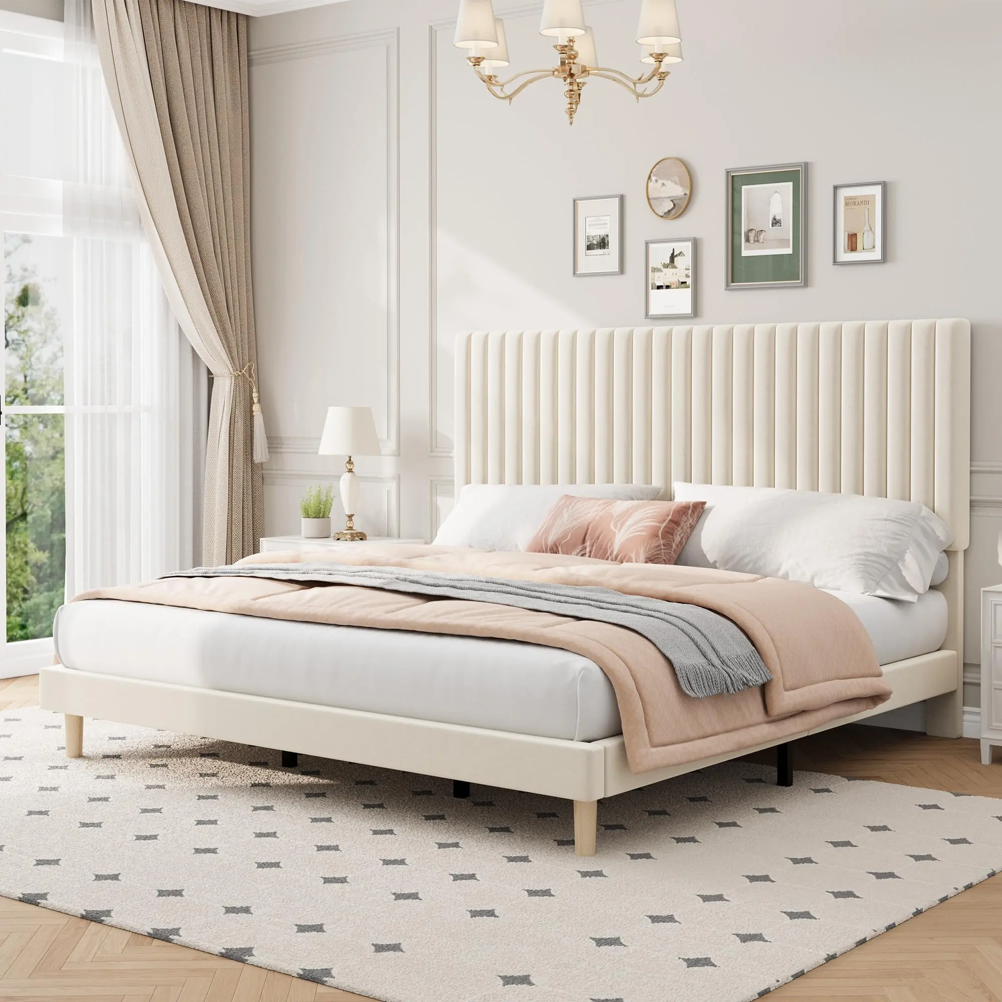 Garvee King Size Velvet Bed Frame, Vertical Channel Tufted Headboard, Height Adjustable, Upholstered Platform Bed, No Box Spring Needed, Beige