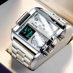 FEICE Men's Durable Watch - 50mm Square Dial Wristwatch, Bold Sport Design, Dual Quartz & Electronic Movement, 10+ Functions, Luminescent Display, Water-Resistant Fashion Accessory