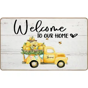 Lemon Kitchen Mat Welcome Mat Indoor Outdoor Door Mat, Farmhouse Yellow Lemon Truck Decor Outdoor Mat, Welcome to Our Home Front Door Porch Floor Mat, 30x17 Inch