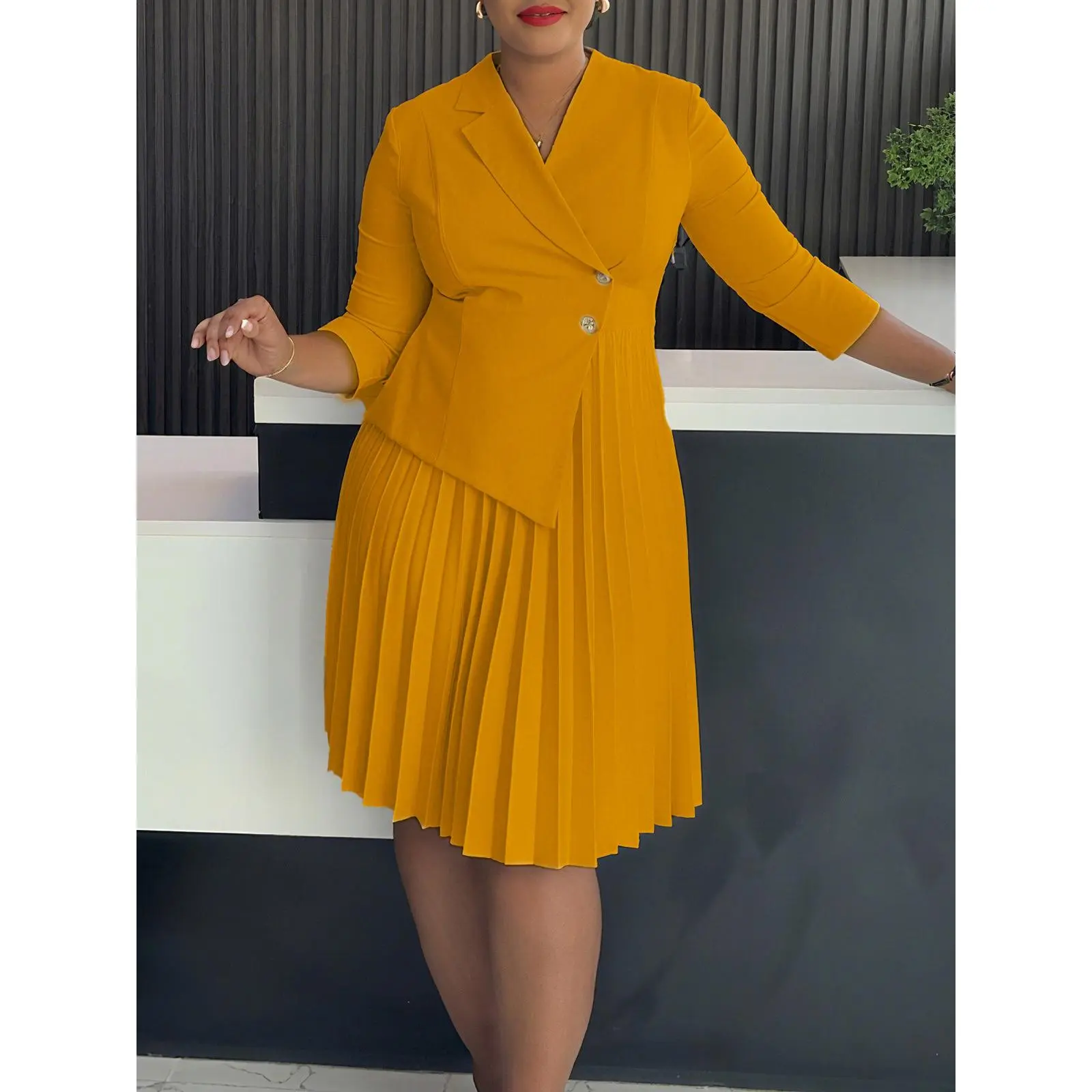 Women's Winter Elegant Chic Formal Dress - Plus-Size A-Line Pleated Skirt, 3/4 Sleeve Blazer Collar, Waist-Slim Single-Button, Shirt-Inspired Chic Business Office Workwear, Beige, Chic Business Dresses