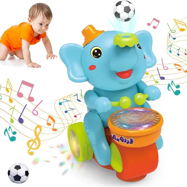 Interactive LED Floating Ball Elephant Toy, Light-Up Musical Walking Elephant Drummer with Lights,  Educational Toys, Cute Baby Shower Gift