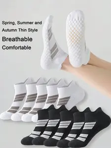 10 Pairs Men's Striped Sports Ankle Socks, Casual Comfortable Breathable, Perfect for Daily Wear and Sports, All Seasons Thin Style Athletic Socks