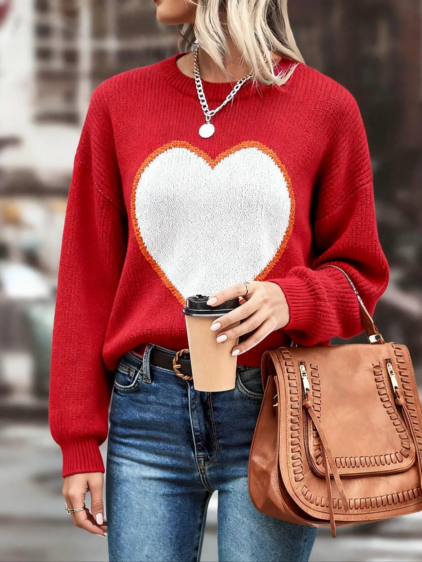 Women's Round Neck Loose Knit Sweater, Vintage Colorblock Heart Embroidery, Perfect for Valentine's Day and Winter Fashion
