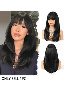Women's Layered Medium Long Straight Human Hair Wig with Bangs, Heat Resistant, Natural Look, Suitable for Daily Use, Straight Wigs