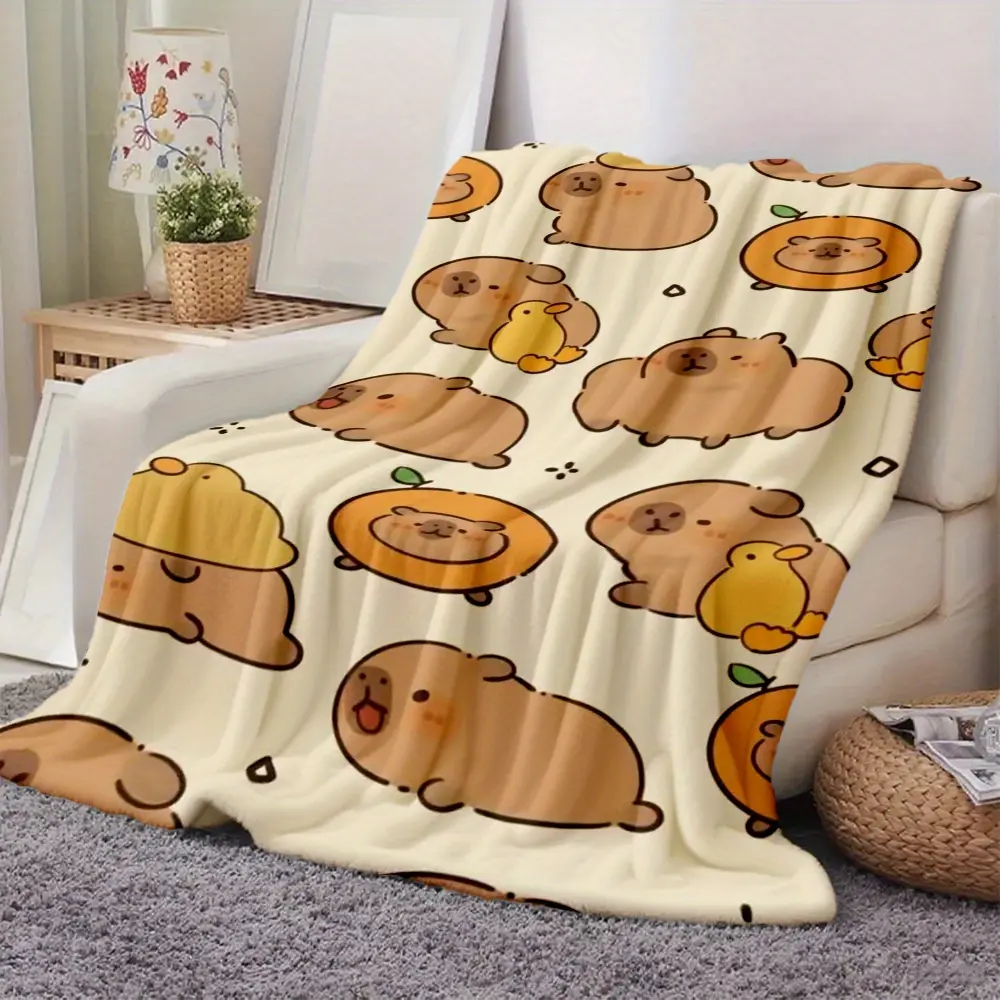 1pc Capybara Print Blanket - Soft Flannel Throw, Cute Decorative Whimsical Cartoon Blanket, All-Season Cozy Bedspread, Machine Washable, Ideal for Home & Travel, Perfect Gift for Animal Lovers, Capybara Print Blankets, Cute Decorative Blankets