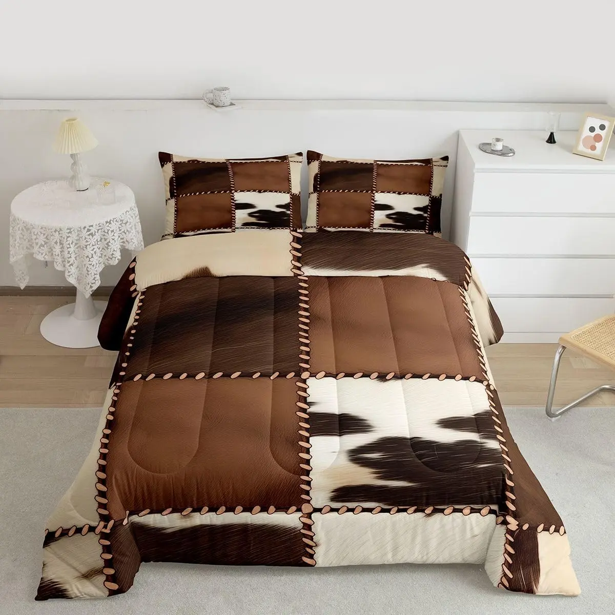 Feelyou Cowhide Pattern Microfiber Comforter Set - Western Animal Skin Plaid Brown White Duvet with 1 Pillowcase, Farmhouse Decorative Bedding Set, Microfiber Bedding Set