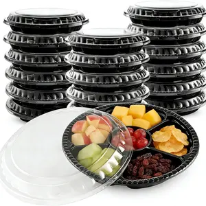 10-Pack Plastic Vegetable Trays with Lids and Forks, 10.6-Inch 6-Compartment Party Plates, Ideal for Vegetables, Fruits, Snacks, Nuts, Buffet Dining