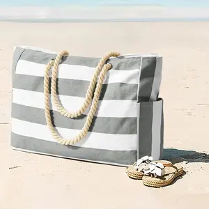 Large Capacity Beach Bag, Boho Style Vacation Bag, Outdoor Travel Swimming Pool Bag, Jute Rope Shoulder Strap, Zipper Closure, Swimming Accessories, Beach Tote, Fashionable Bohemian Bag