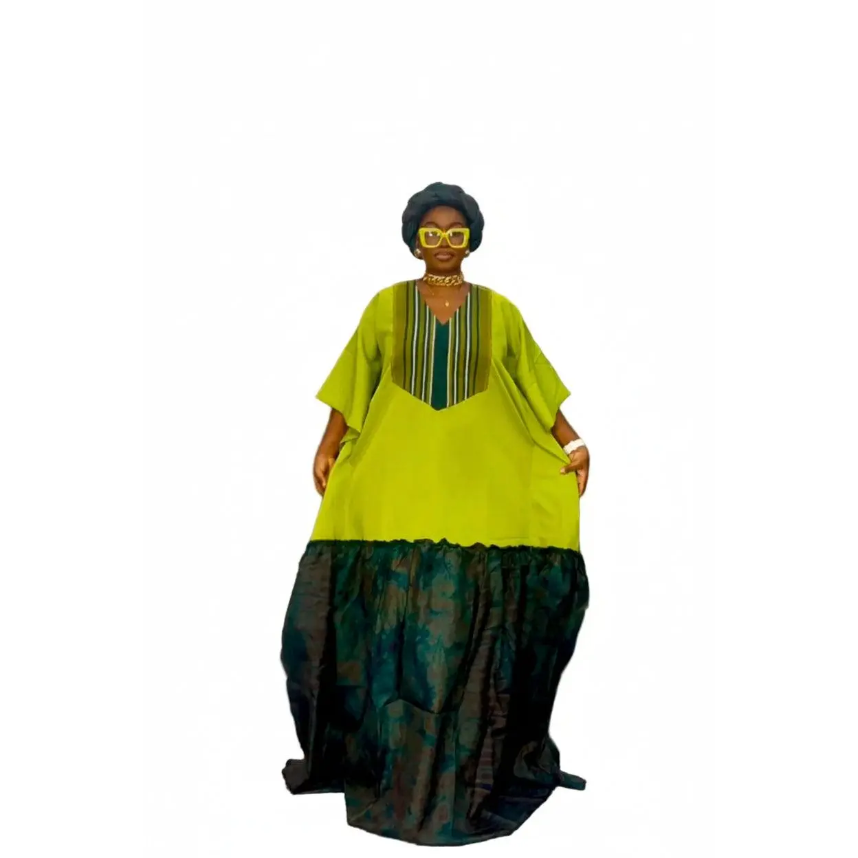 Regal Exquisite Designs Women's 2-Piece African Adire Silk Crepe & Aso Oke Woven Traditional Boubou Kaftan Dress with Matching Headwrap Boubou Set, Matching Wrap