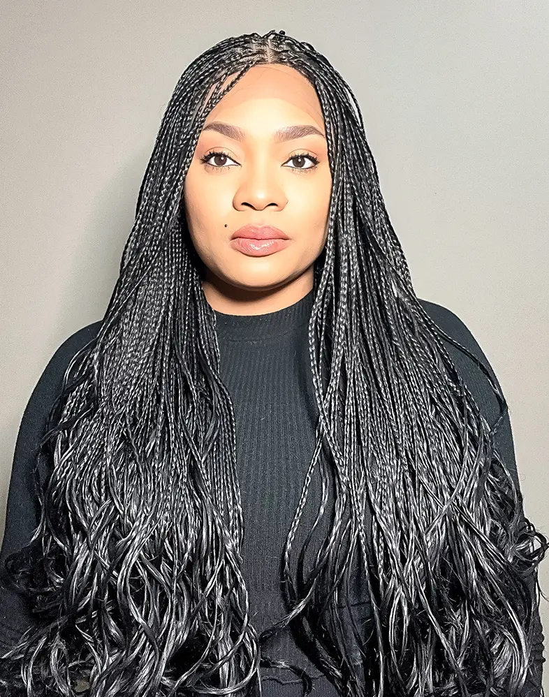 Lady French 20 – Black French Curl Braided Wig (35”, Very Long, 360 Lace Wig, XX Full Density)