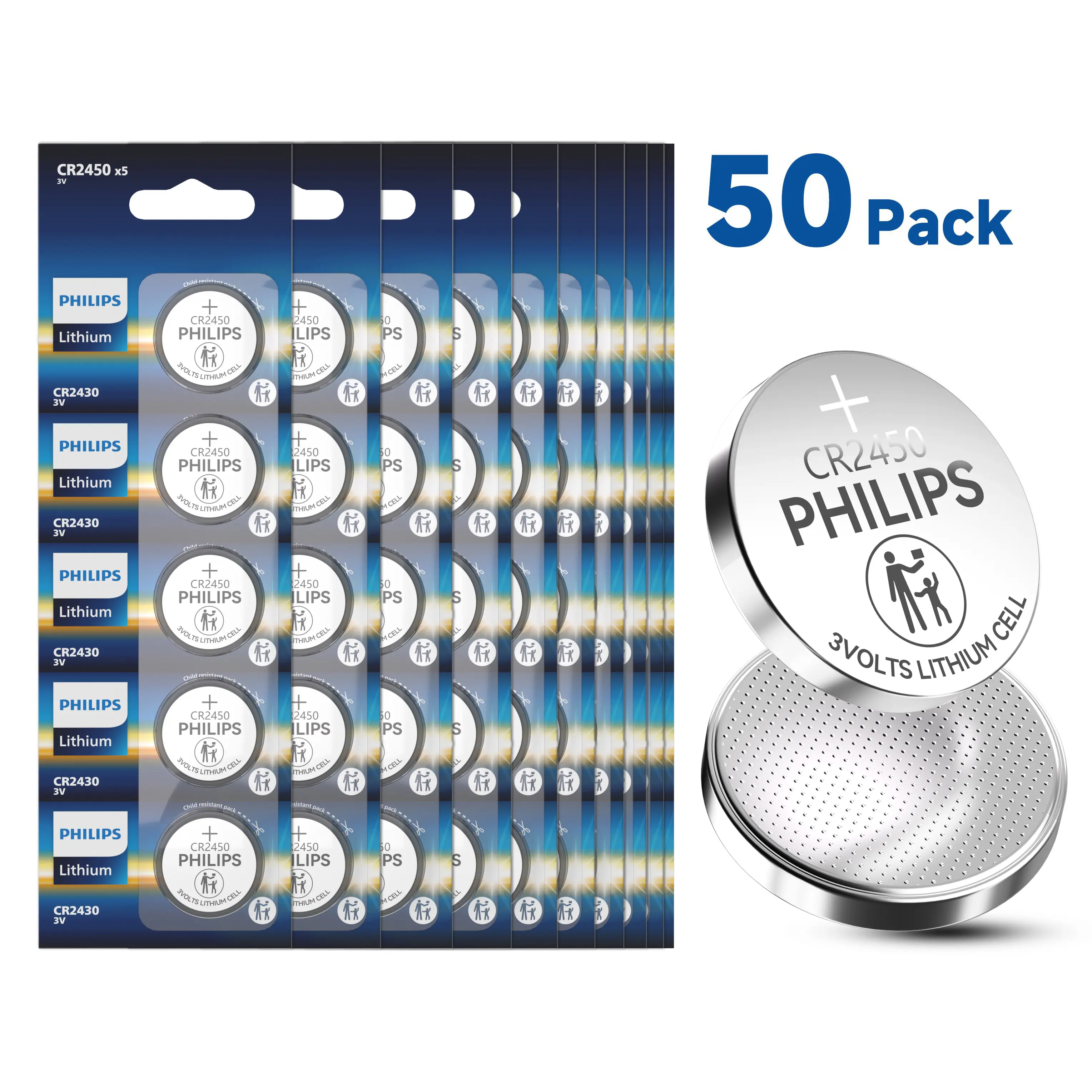 Philips CR2450 3V Lithium Coin Battery 50-Pack - Leak-Proof, Long Storage Life, Extreme Temp-Resistant for Wireless Key Fobs, Digital Device Car Remotes, Garage Openers & Sensors