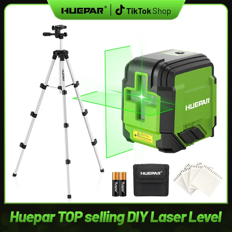 Huepar 98Ft Green Cross Line Self Leveling Laser Level Tool with Tripod, Battery, Carrying Bag for Picture Hanging, Home Renovation